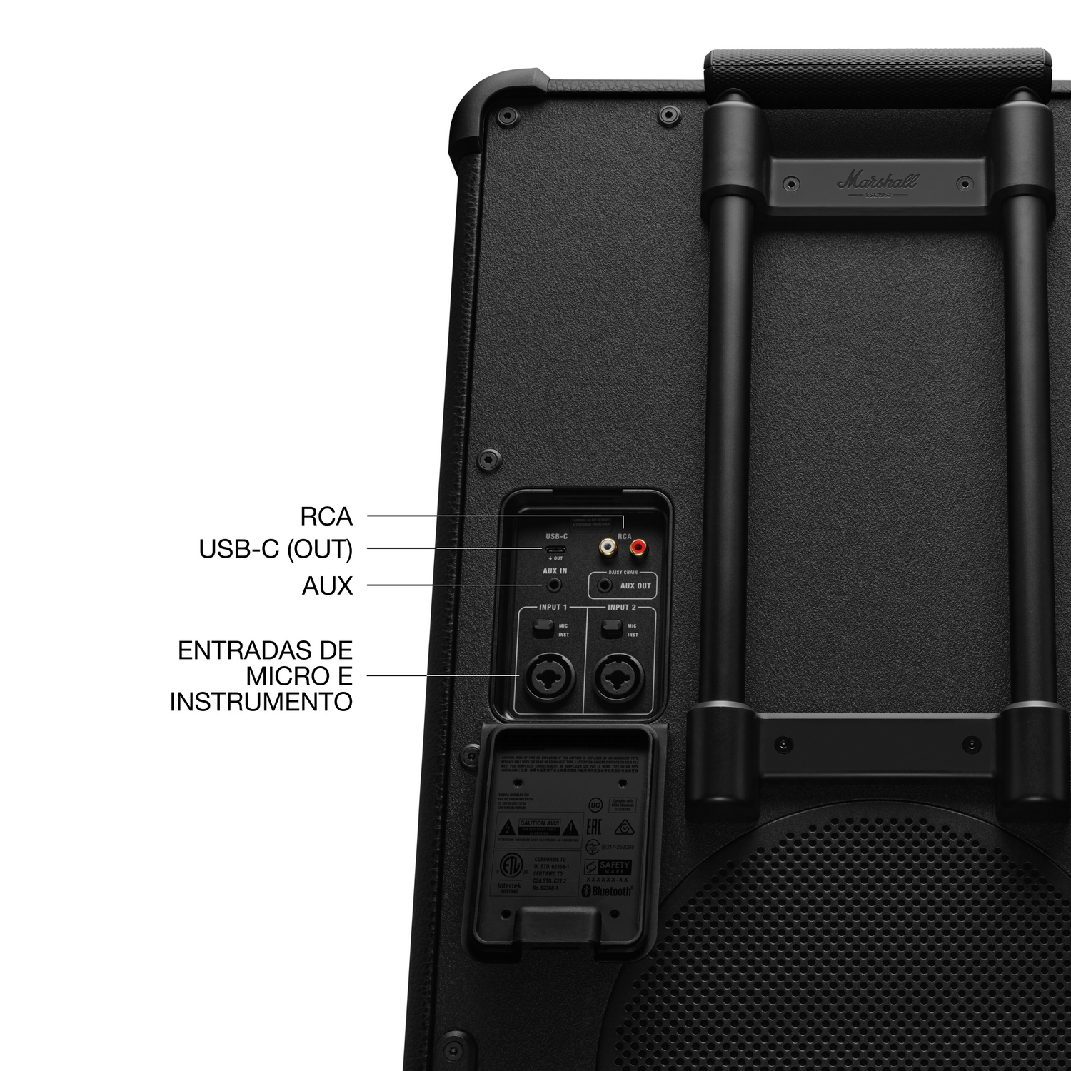 Parte trasera de un altavoz Marshall con puertos: USB-C, RCA, AUX, 2x XLR/Jack.