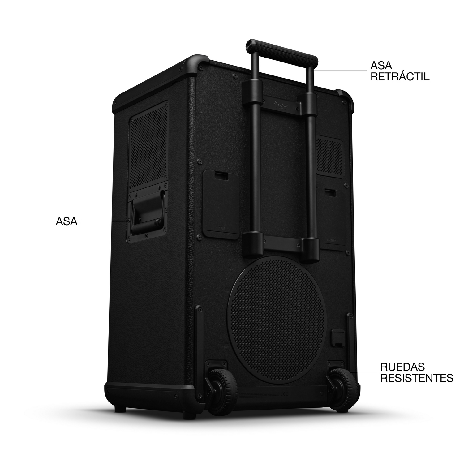 Altavoz negro con ruedas, asa y asa retráctil.