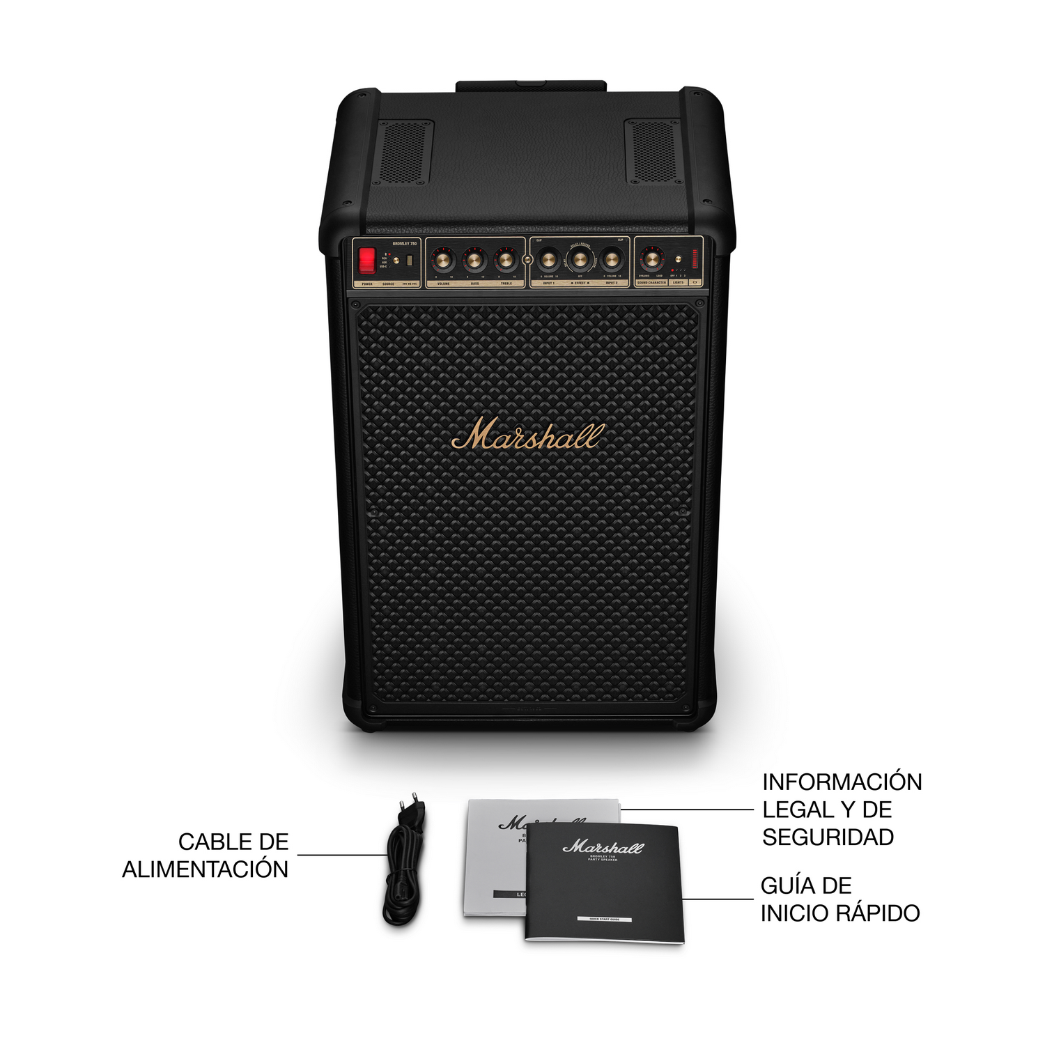 Amplificador Marshall negro con controles, cable y manuales.