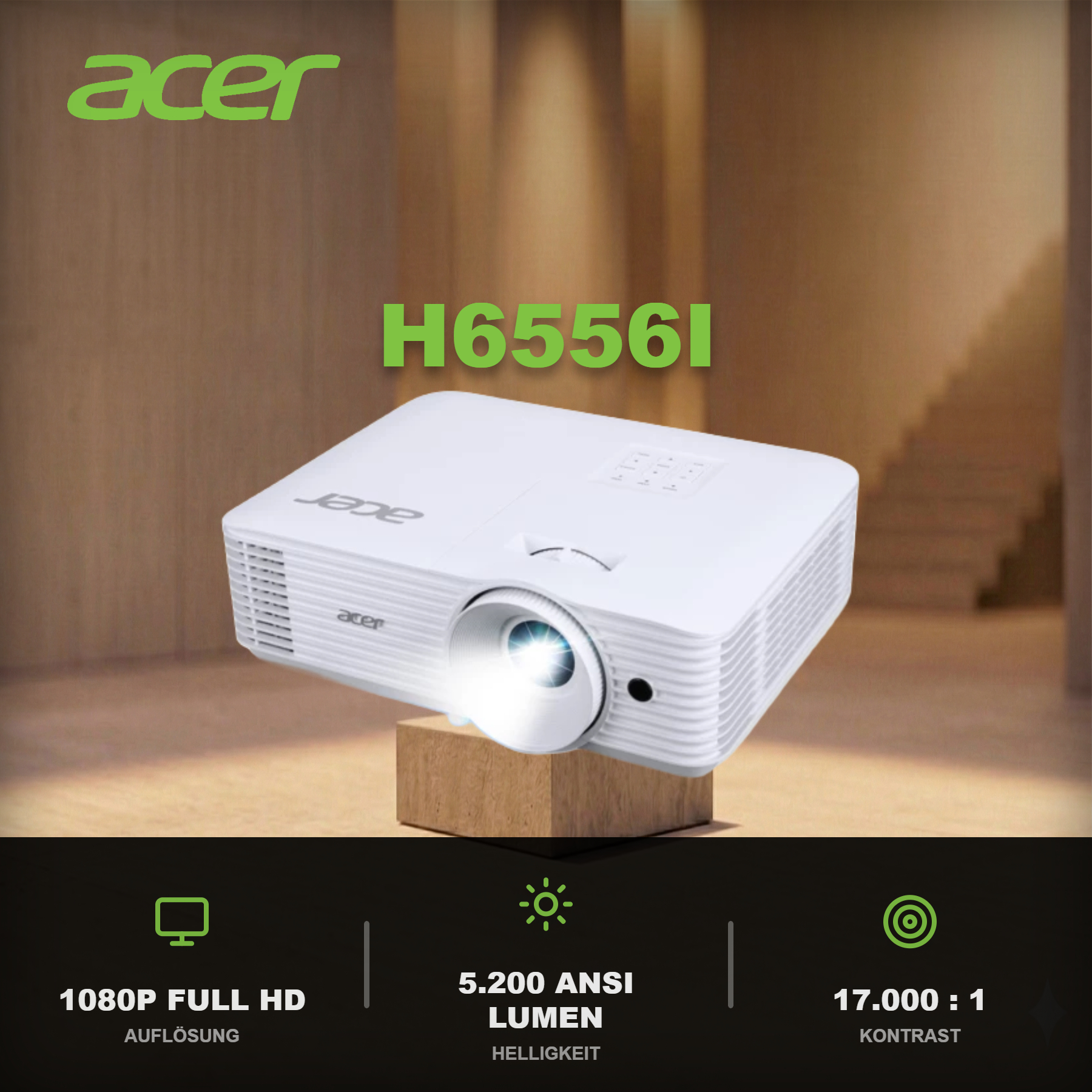 Ein weißer Acer H65561 Projektor steht auf einem Holzblock. Helligkeit: 5200 ANSI Lumen.