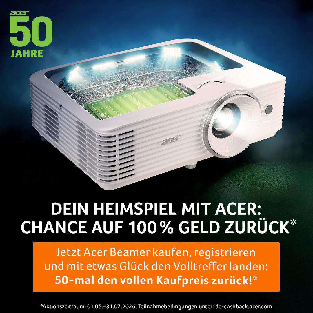 Acer Beamer projiziert ein Fußballstadion. 50 Jahre Acer Logo.