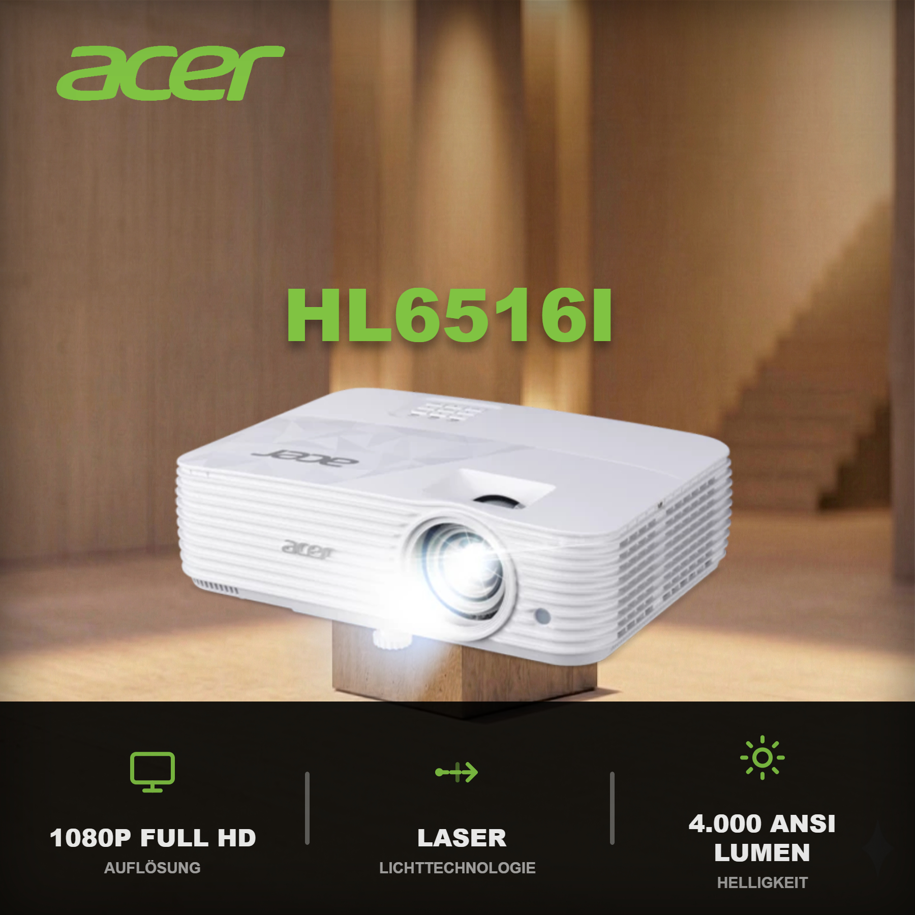 Ein weißer Acer HL6516I Projektor mit Lichtstrahl auf einem Holzwürfel.
