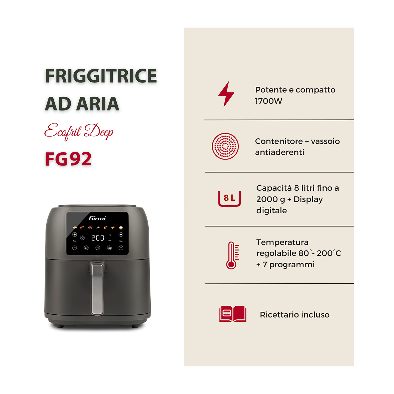 Friggitrice ad aria grigia con display digitale e icone di cottura. Testo con info prodotto a sinistra.