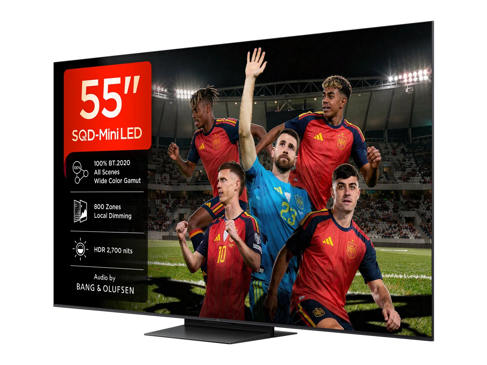 Un televisor Mini-LED de 55 pulgadas muestra a cinco futbolistas con camisetas rojas.