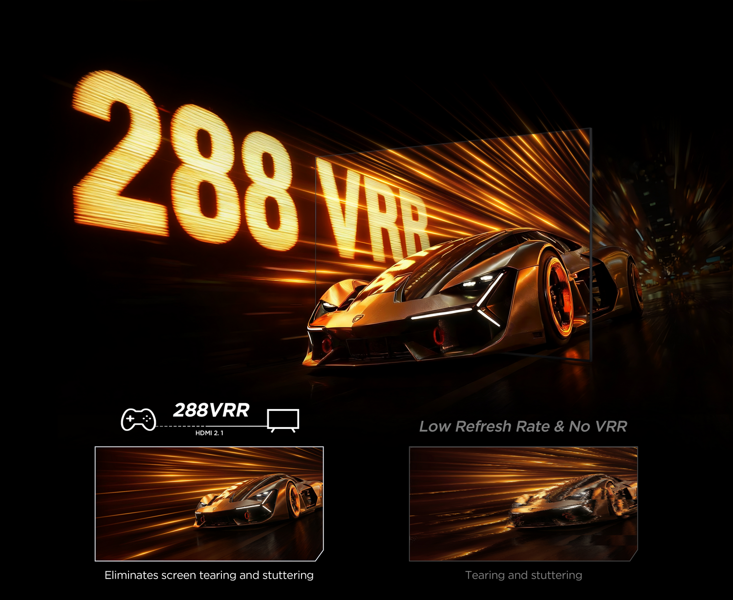 Un coche futurista corre sobre una estela de luz naranja con el texto "288 VRR".