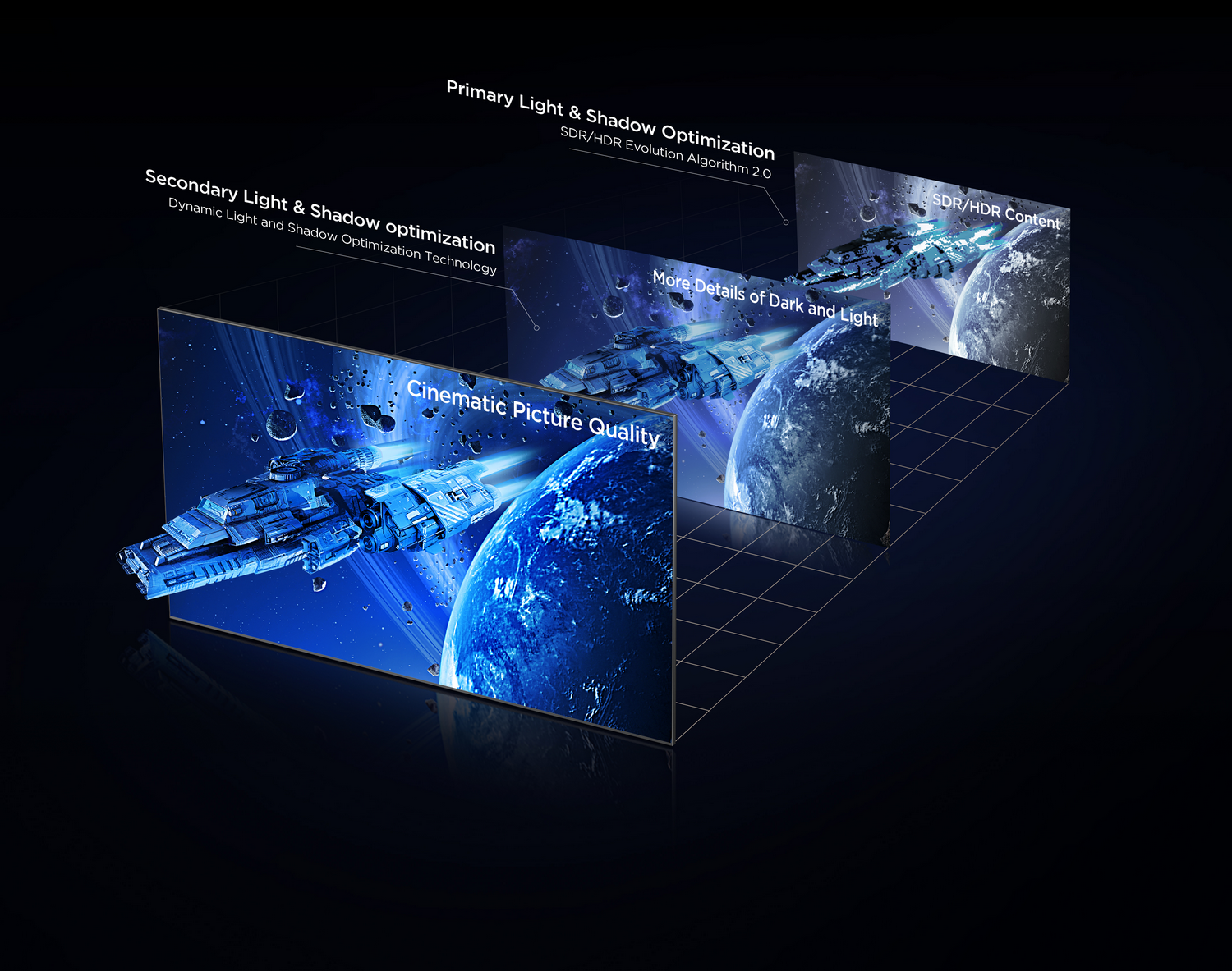 Una nave espacial pasa junto a un planeta azul y a través de asteroides.