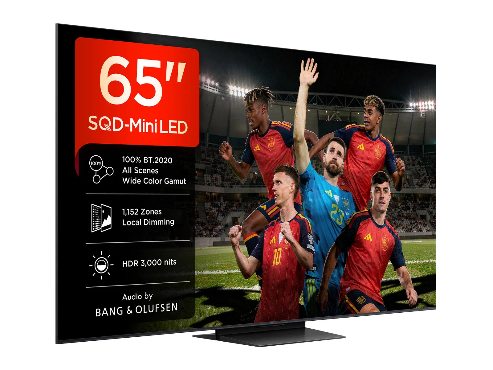 Un televisor Mini-LED de 65 pulgadas con futbolistas españoles en acción y especificaciones.