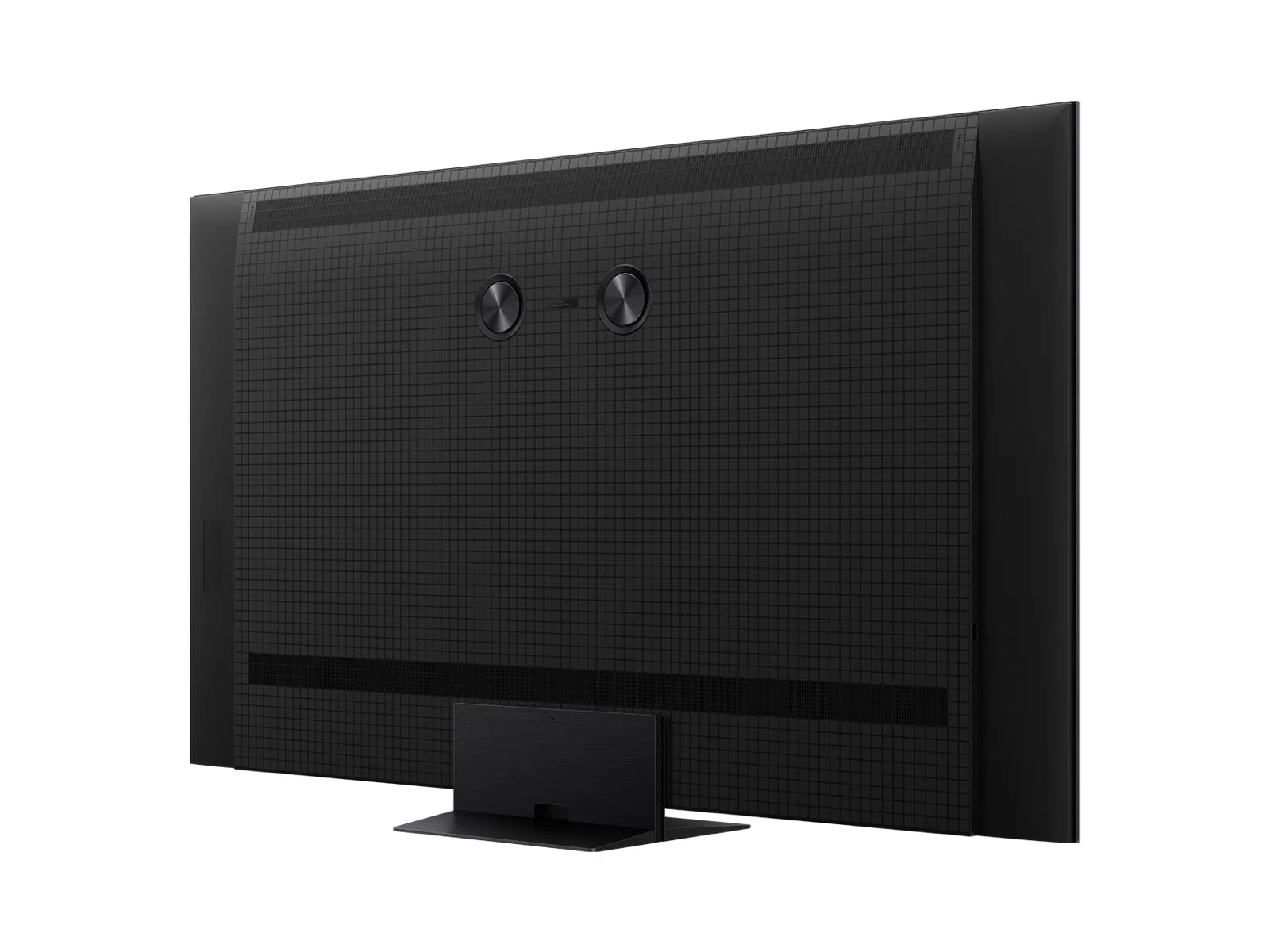 Vista trasera de un televisor negro con patrón a cuadros y dos botones circulares.