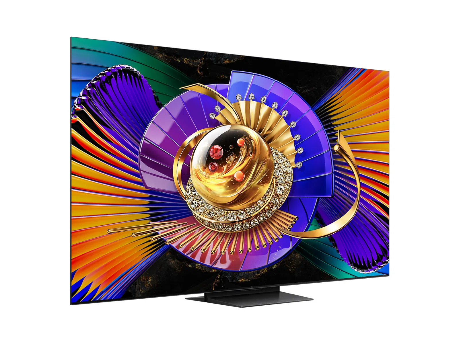 Un televisor moderno con un salvapantallas abstracto y colorido. Presenta detalles dorados y joyas.