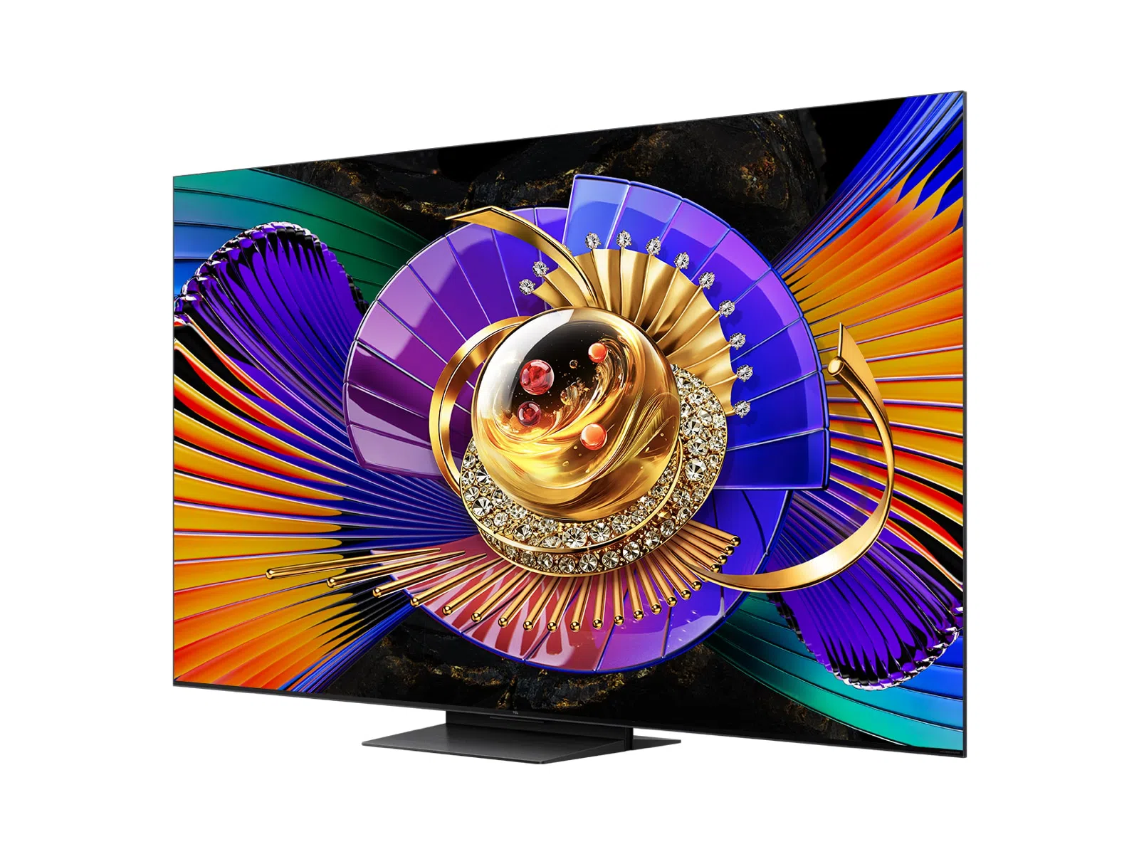 Televisor moderno con fondo abstracto vibrante y detalles dorados ornamentados.