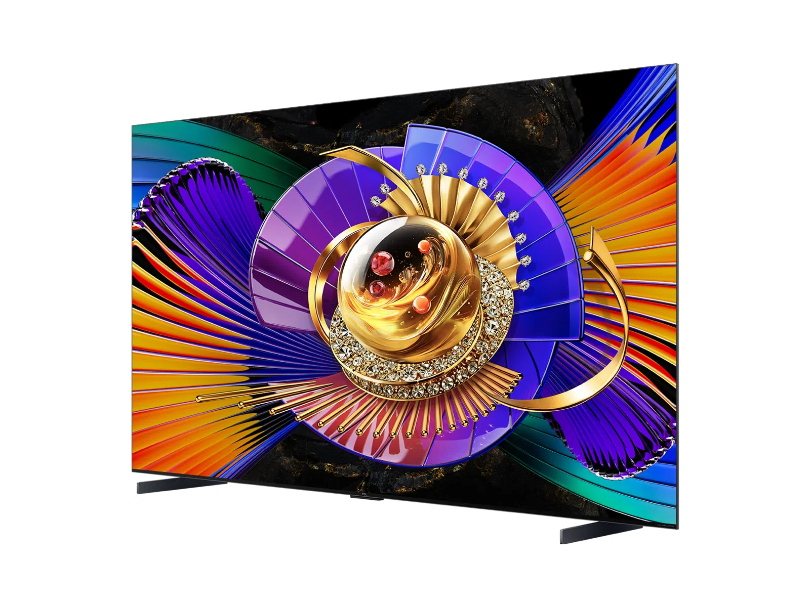 Un televisor elegante con un fondo abstracto y colorido y un centro dorado con joyas.