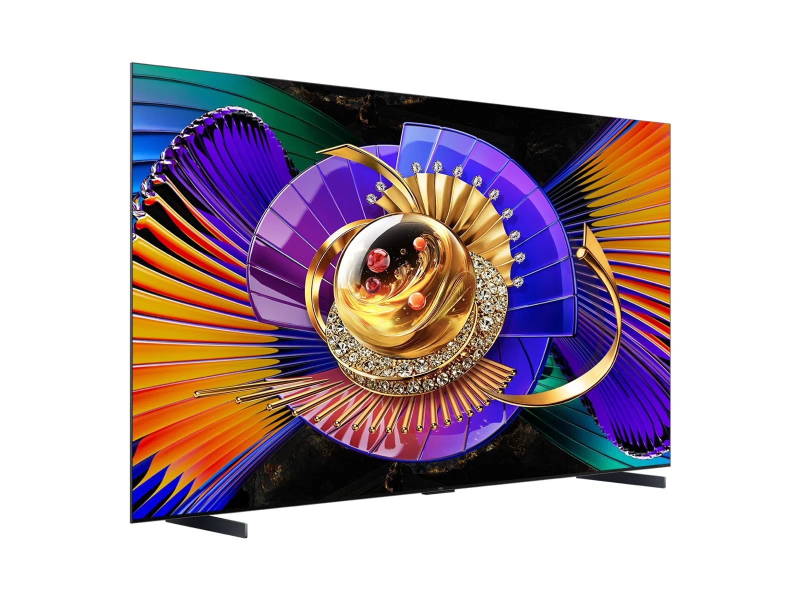 Un televisor moderno que muestra un salvapantallas abstracto y colorido con elementos dorados y morados.