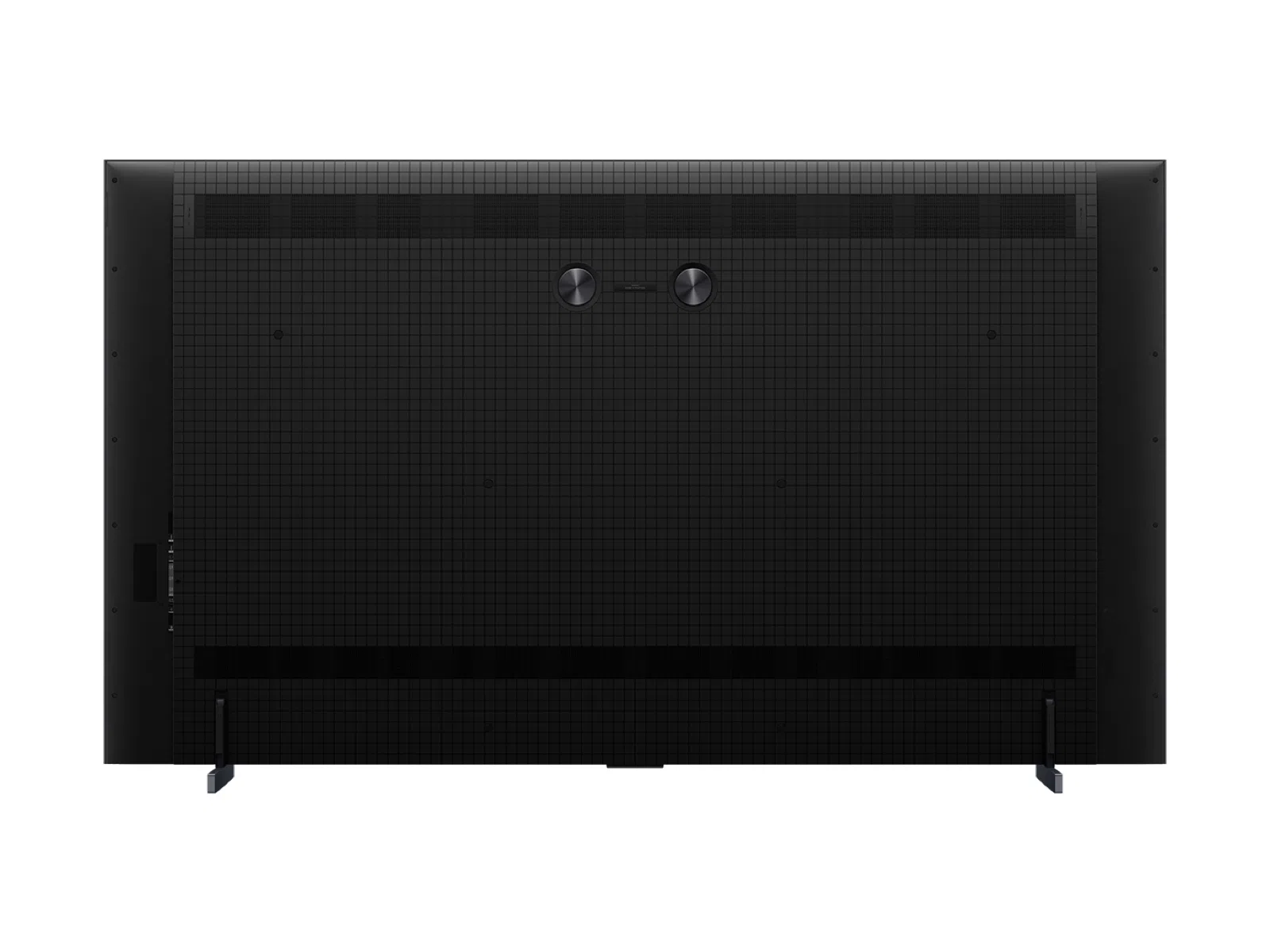 Parte trasera de un televisor negro con patrón de rejilla y puertos.