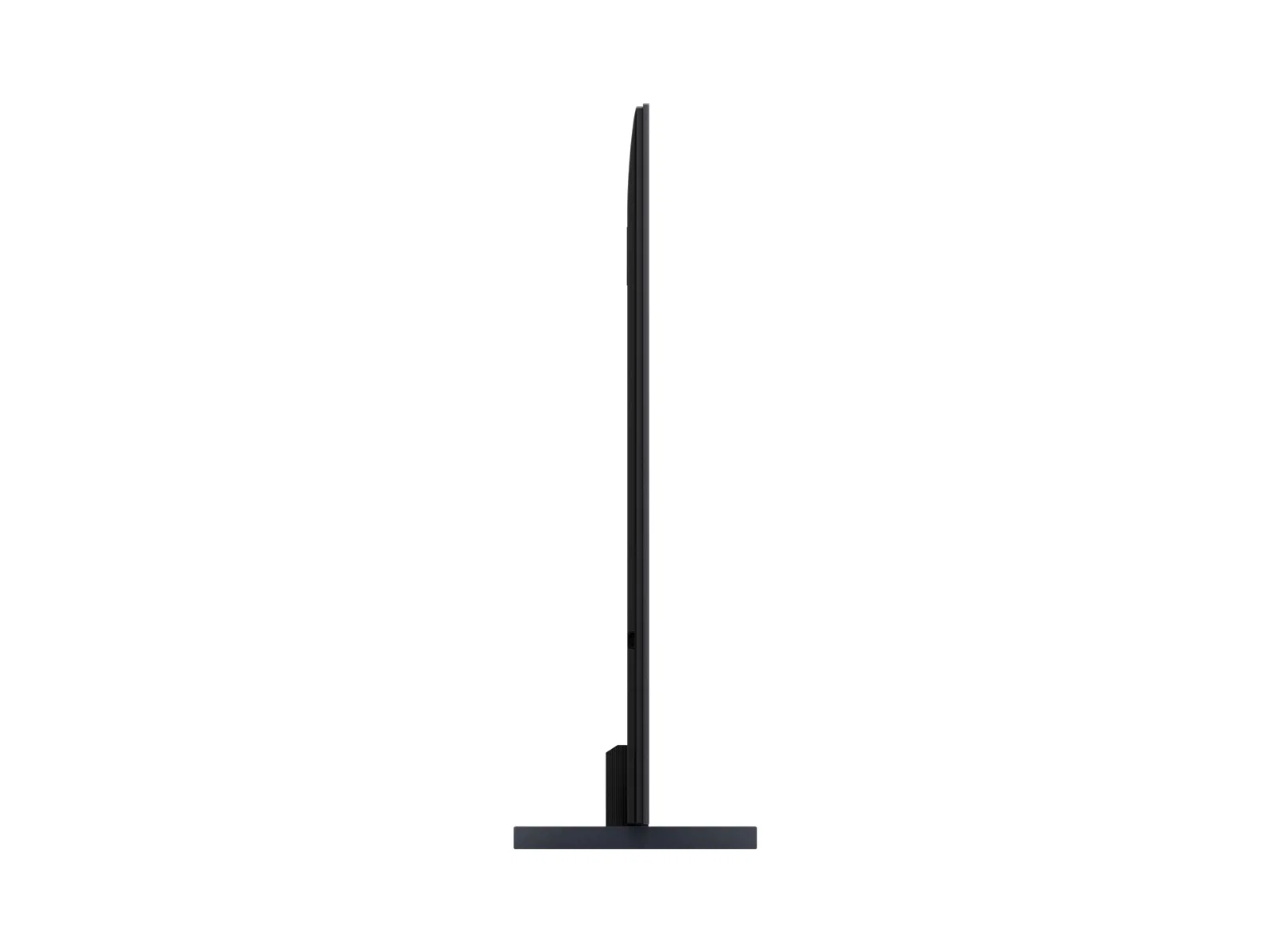 Televisor negro con soporte delgado, visto de lado sobre fondo blanco.