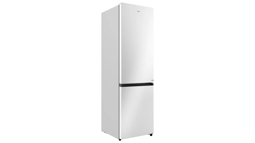 Un frigorífico blanco de dos puertas sobre fondo negro.