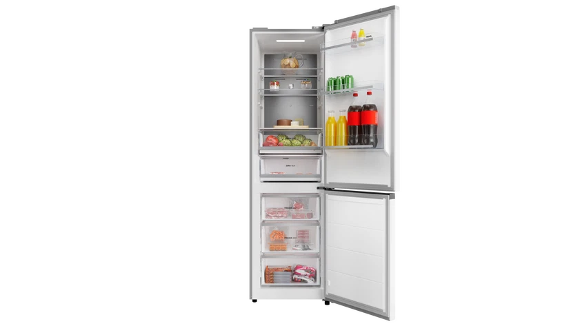 Un refrigerador abierto lleno de comida y bebidas.