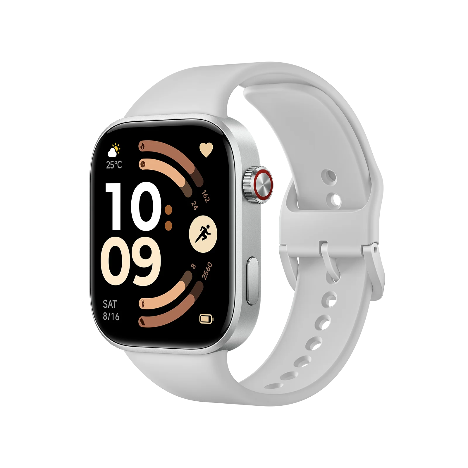 Un smartwatch blanco con caja plateada que muestra la hora 10:09.