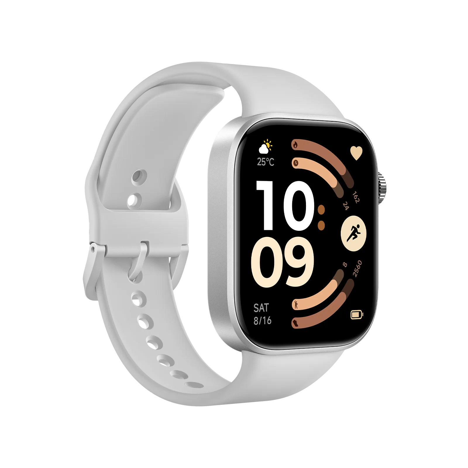 Un reloj inteligente blanco con caja plateada sobre fondo negro. El reloj marca las 10:09.