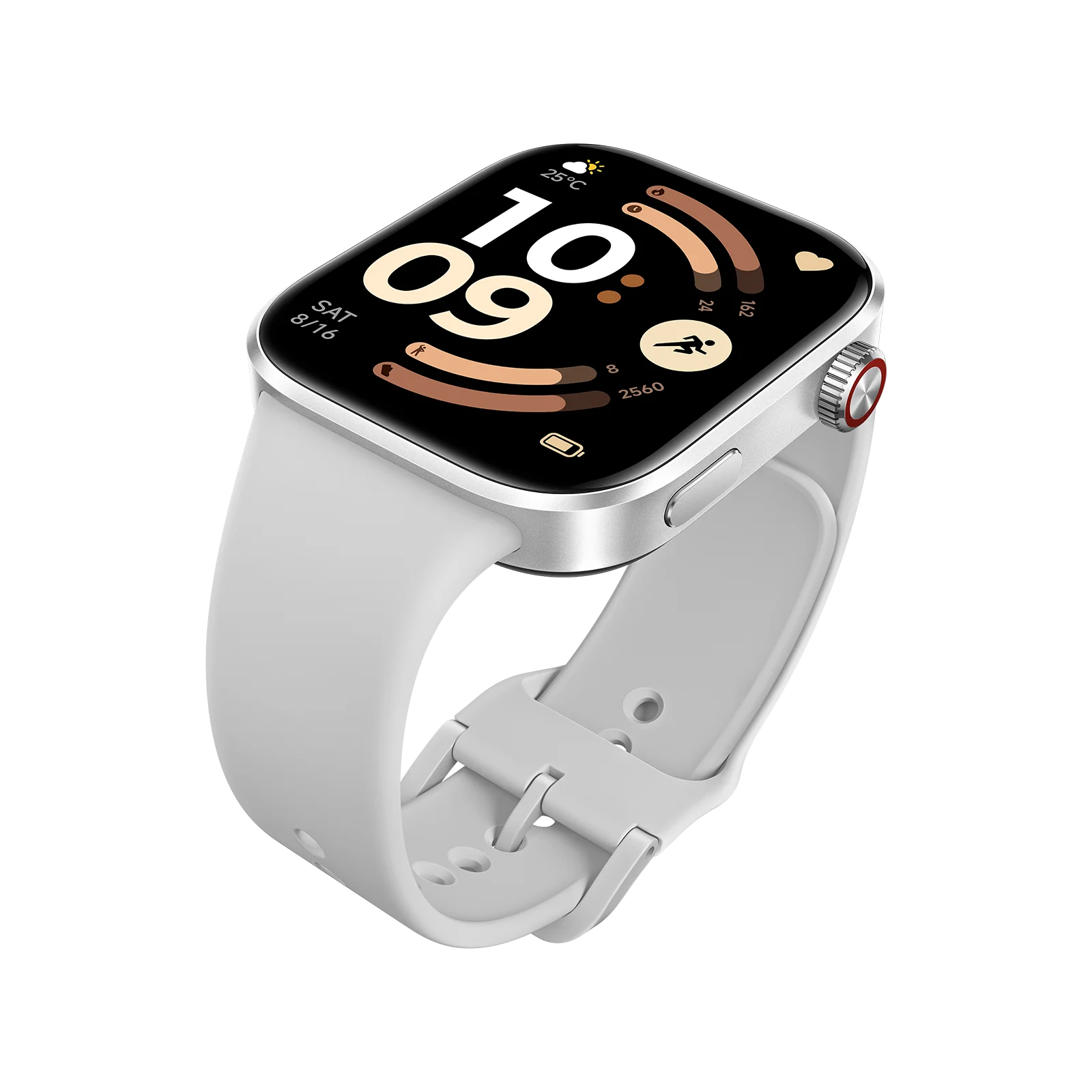 Un reloj inteligente blanco con pantalla negra que muestra las 10:09.