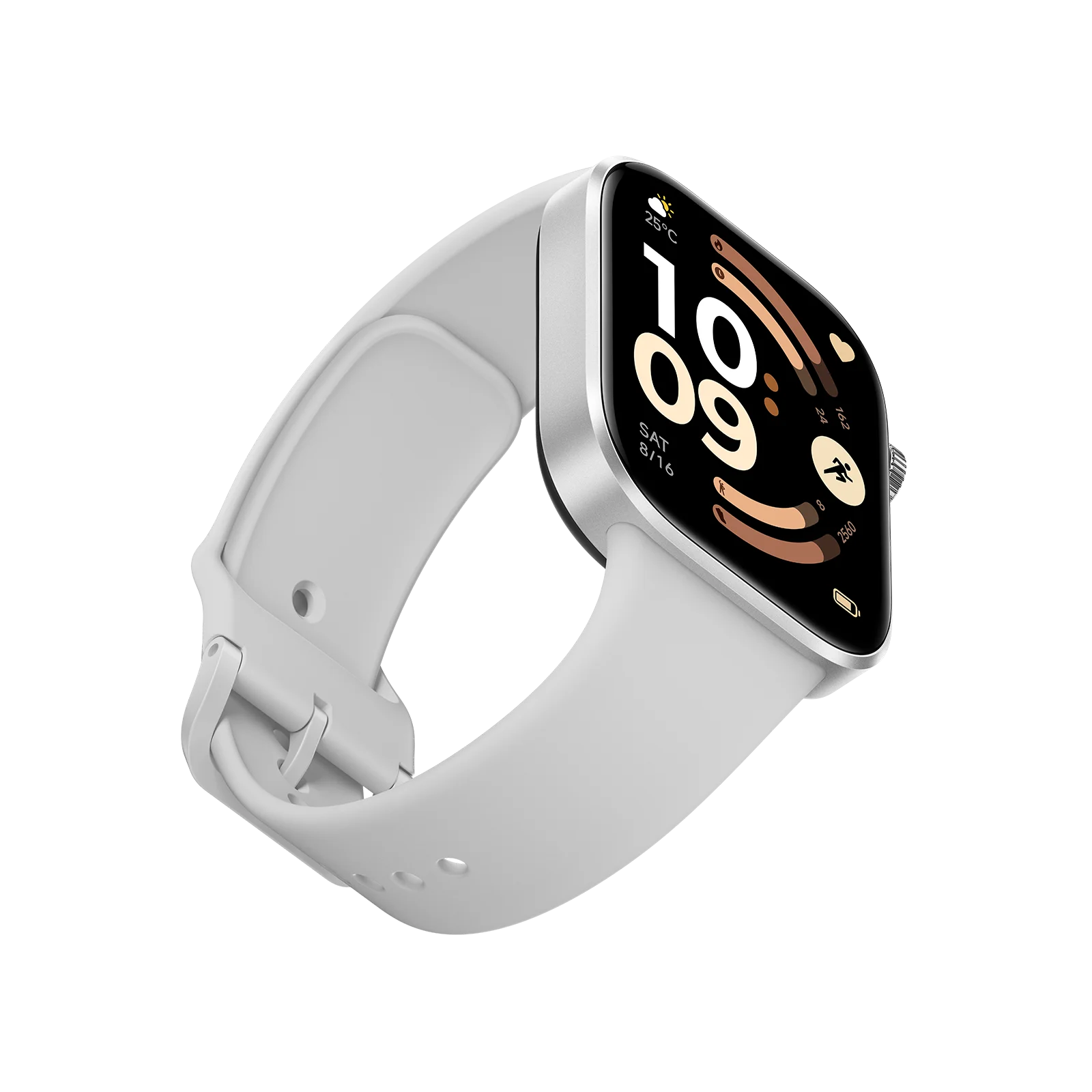 Reloj inteligente blanco con bisel plateado y pantalla oscura mostrando hora y métricas.