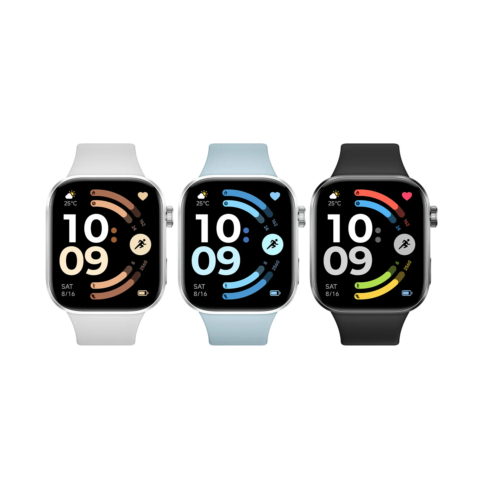 Tres relojes inteligentes: blanco, azul y negro, con esferas digitales.