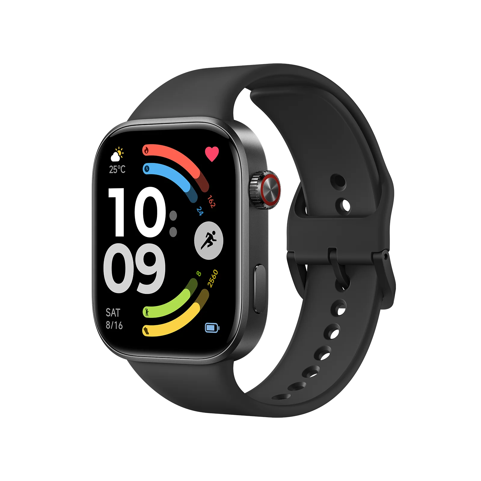 Un reloj inteligente negro con pantalla rectangular que muestra las 10:09.