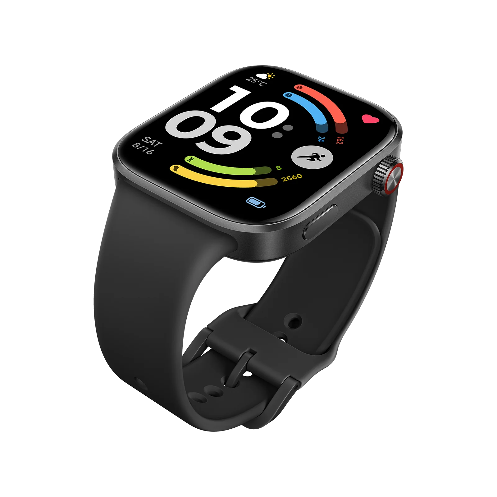 Un reloj inteligente negro con correa oscura, muestra hora y estadísticas de actividad.