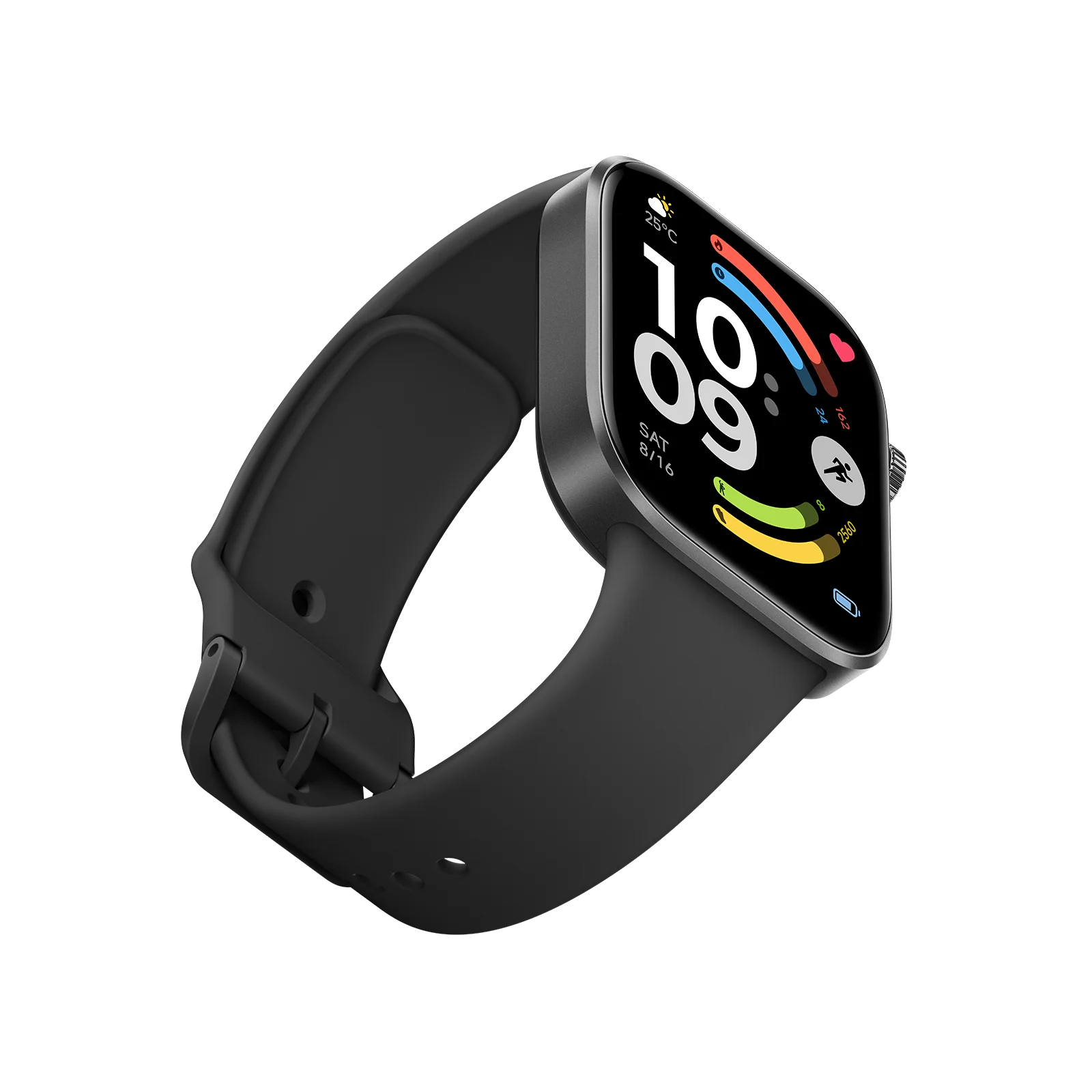 Un reloj inteligente negro que muestra hora, fecha y datos de fitness en su pantalla oscura.