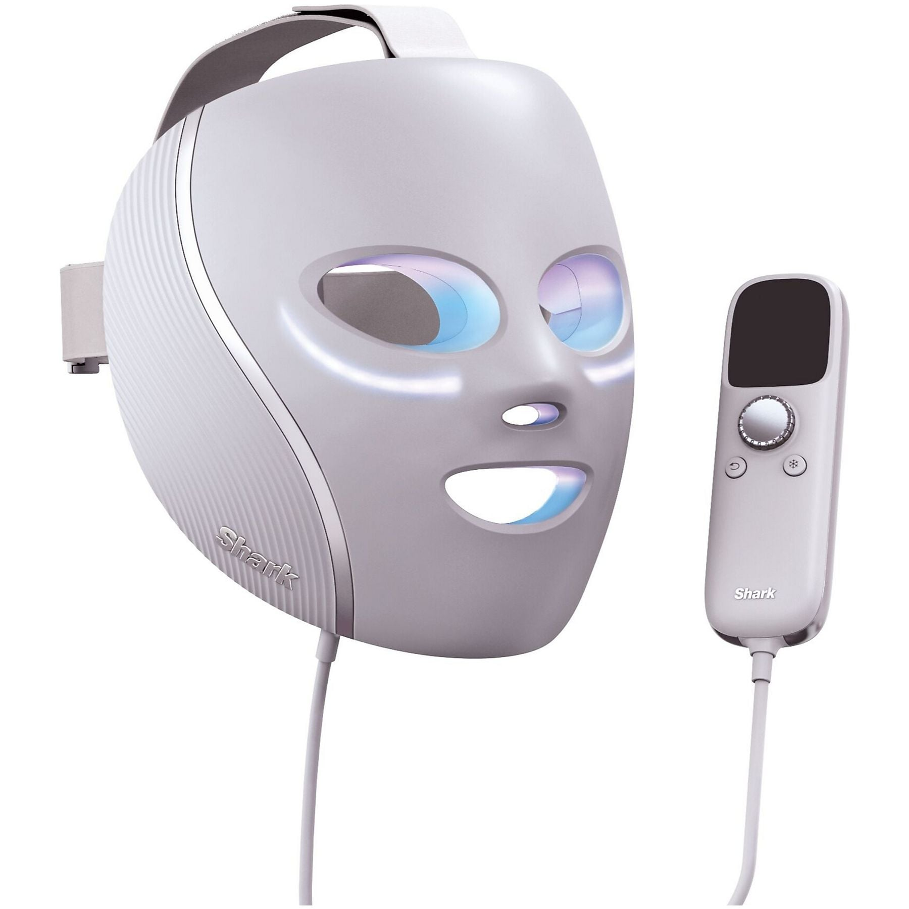 Una mascarilla facial LED blanca con un controlador separado con dial y pantalla.