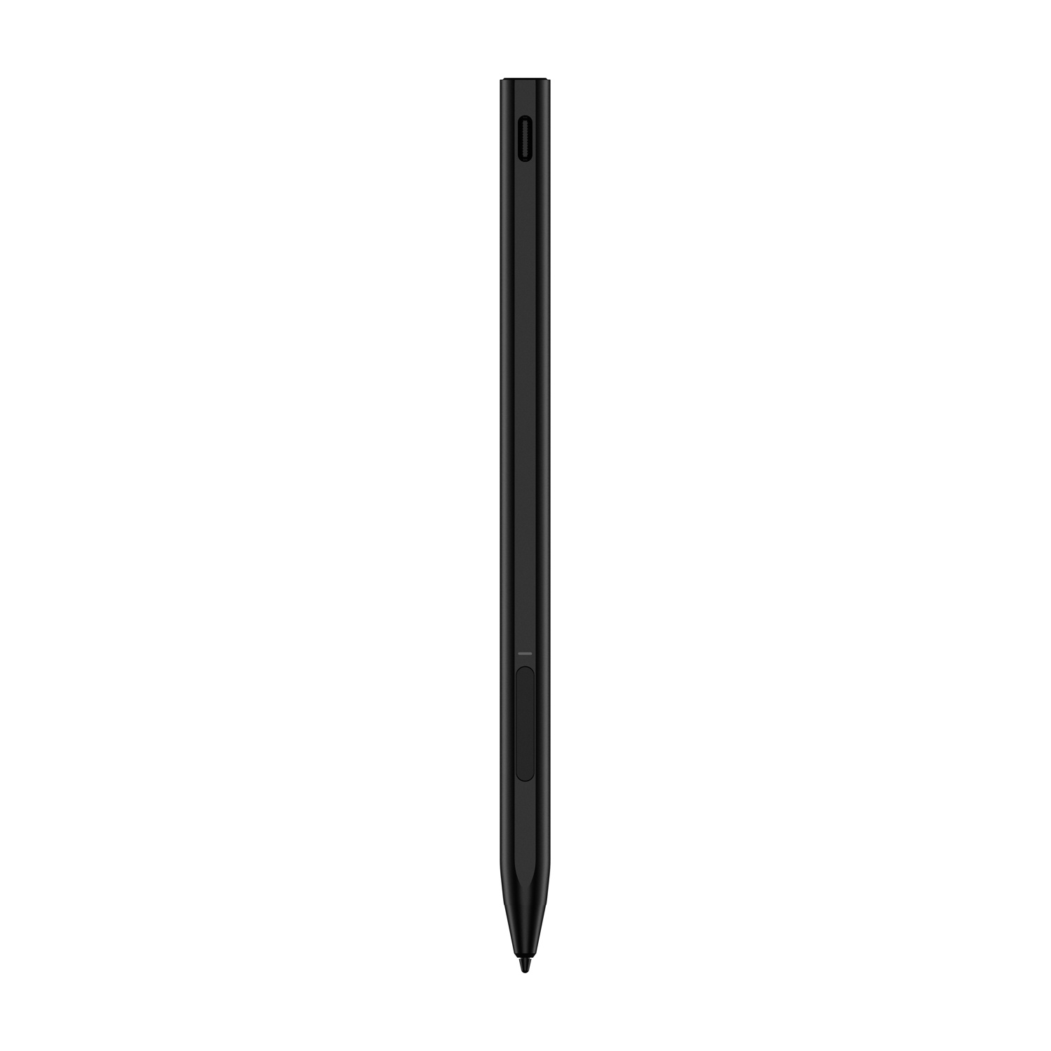 Una penna stilo nera e sottile con un pulsante e una punta.