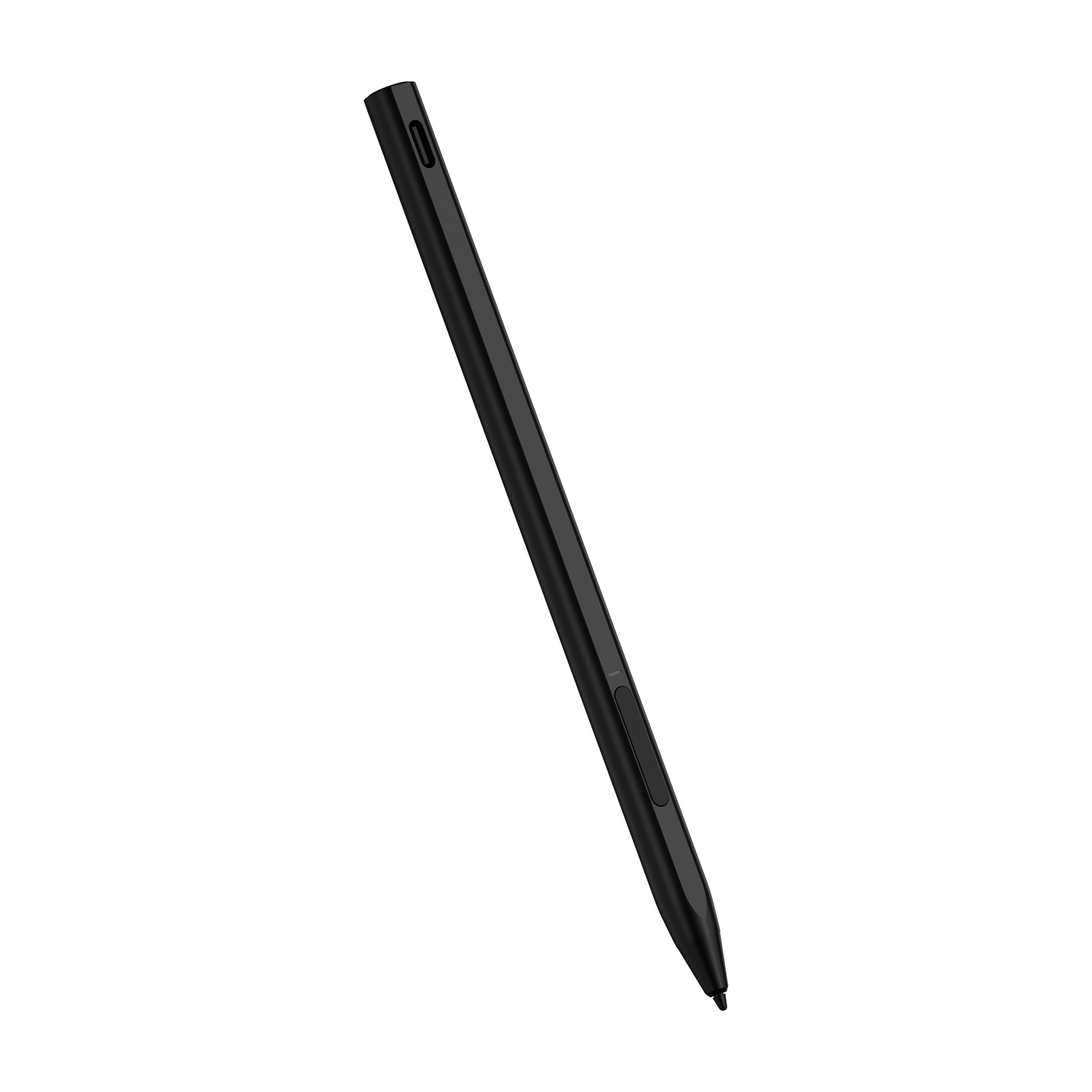 Una elegante penna stilo nera con un pulsante, su sfondo bianco.