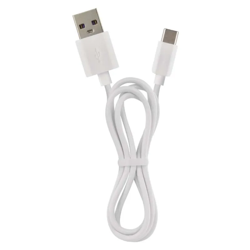 Egy fehér USB-A-USB-C kábel, feltekerve.