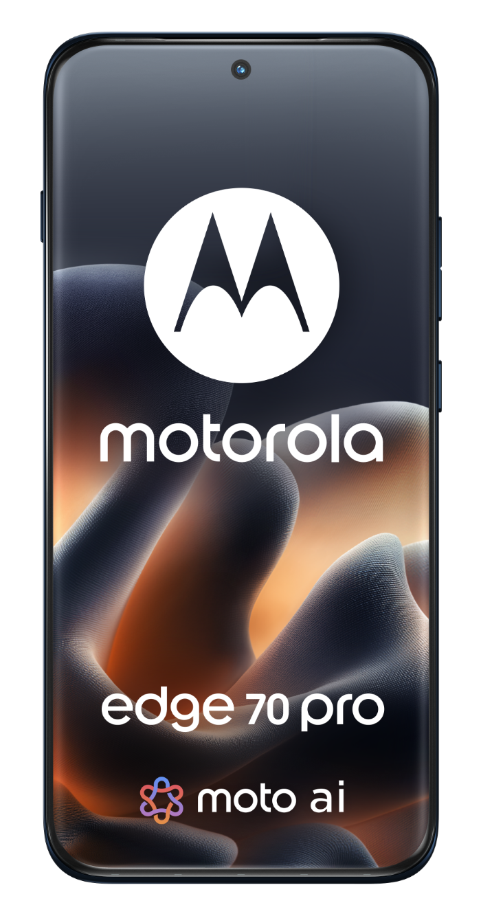 Telefon Motorola edge 70 pro z logo moto ai i abstrakcyjnym tłem.