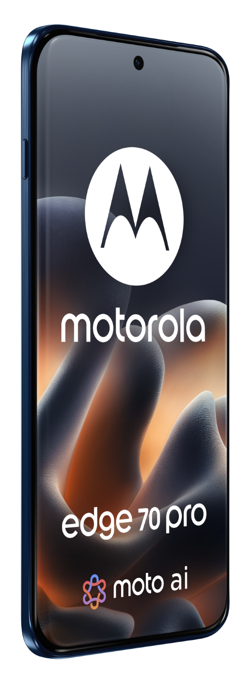 Niebieski telefon Motorola Edge 70 Pro z logo "motorola" i tekstem "moto ai".