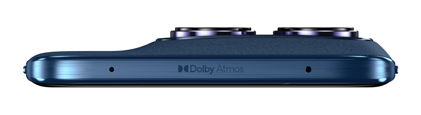 Niebieski smartfon z logo Dolby Atmos i aparatami na czarnym tle.
