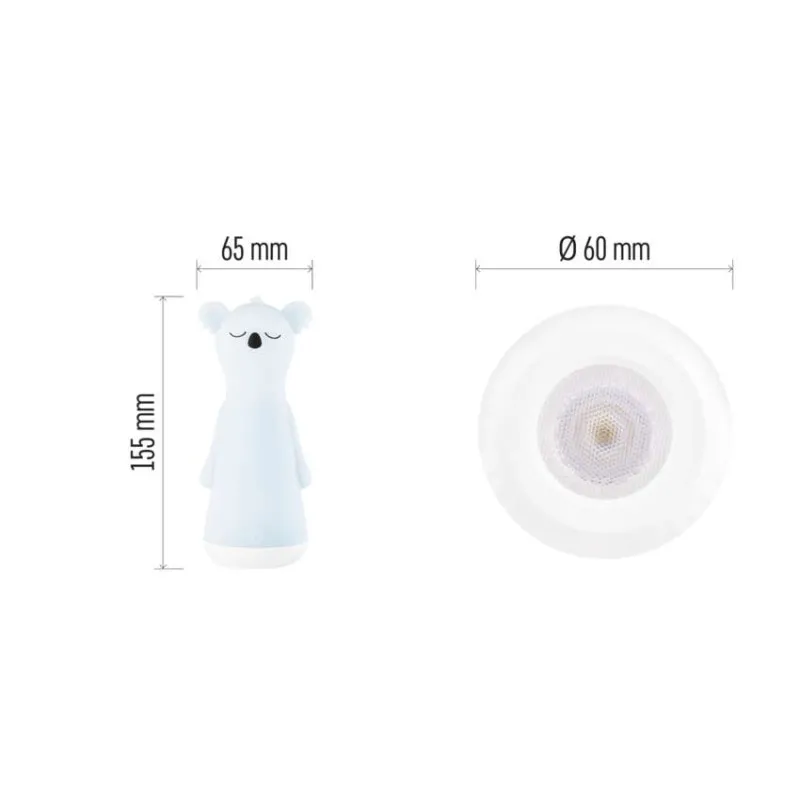 Kék koala éjszakai lámpa, 155mm magas, 65mm széles, 60mm átmérő.