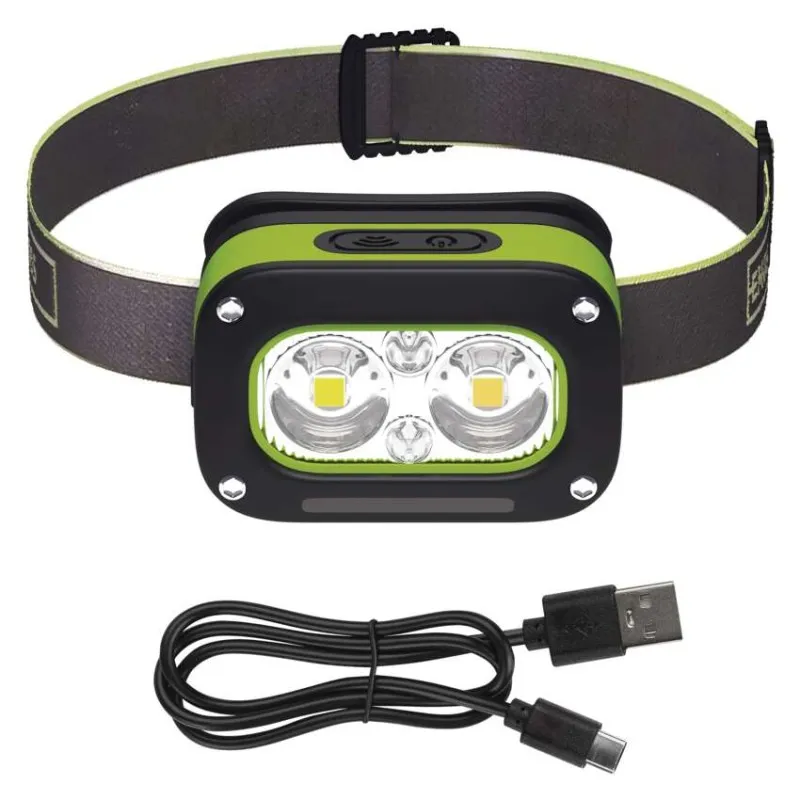 Zöld és fekete fejlámpa két LED-del és USB töltőkábellel.
