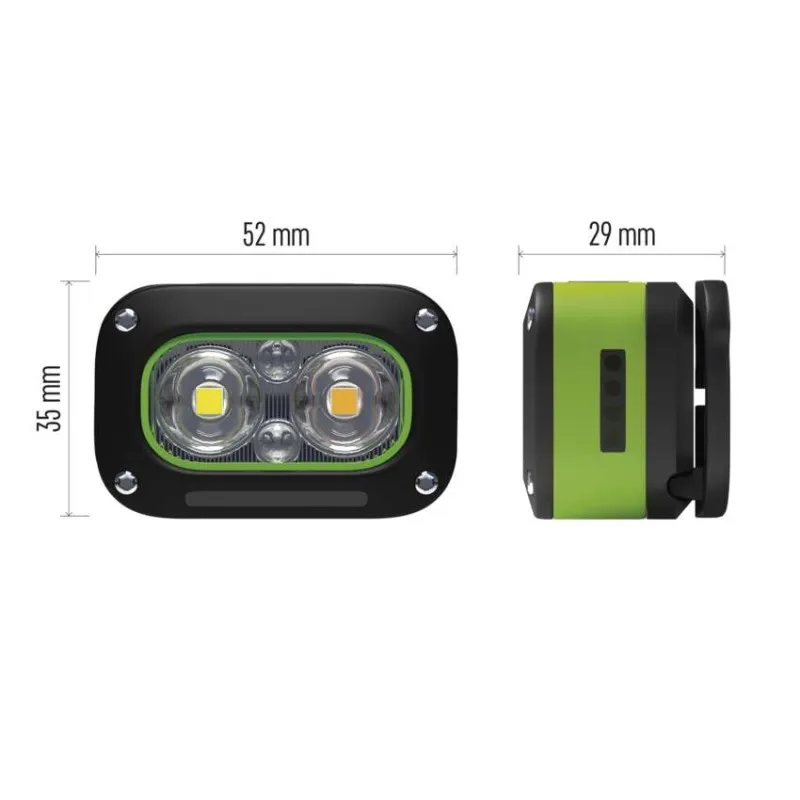 Fekete LED spotlámpa két fénnyel, zöld kerettel, méretek 52x35mm.