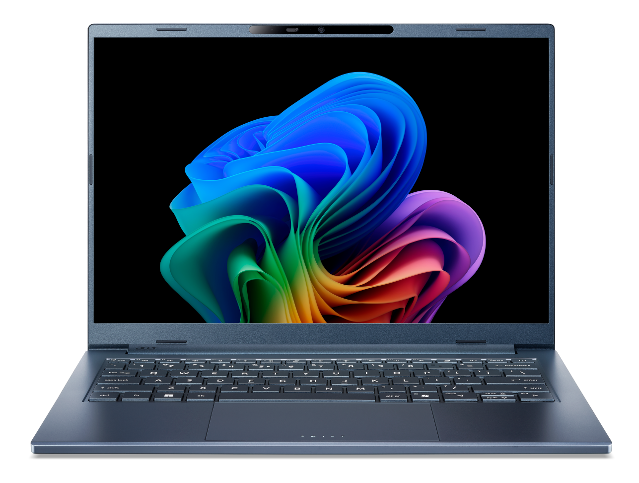 Niebieski laptop wyświetlający kolorowe abstrakcyjne tło na ekranie.