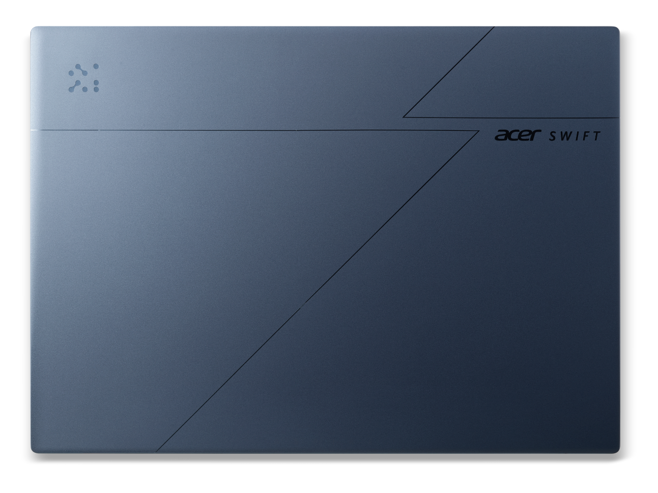 Niebieska pokrywa laptopa z geometrycznymi liniami i logo Acer Swift.