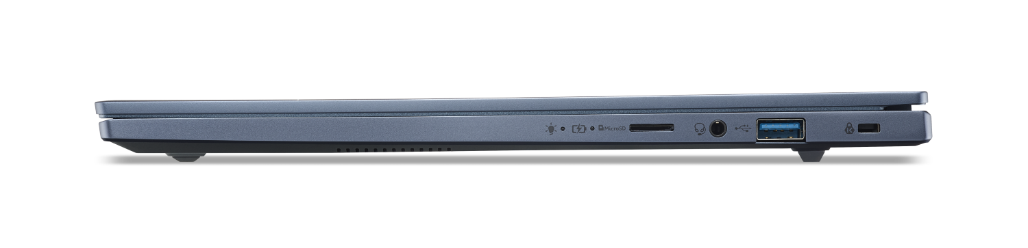 Widok z boku szarego laptopa pokazujący porty: audio, USB, MicroSD, wskaźnik ładowania.