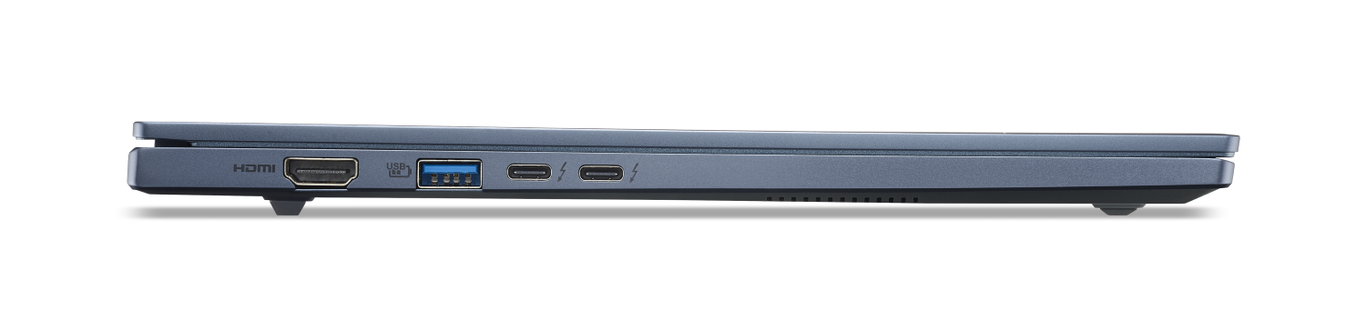 Szary obszar połączeń laptopa z portami HDMI, USB-A i dwoma USB-C/Thunderbolt.