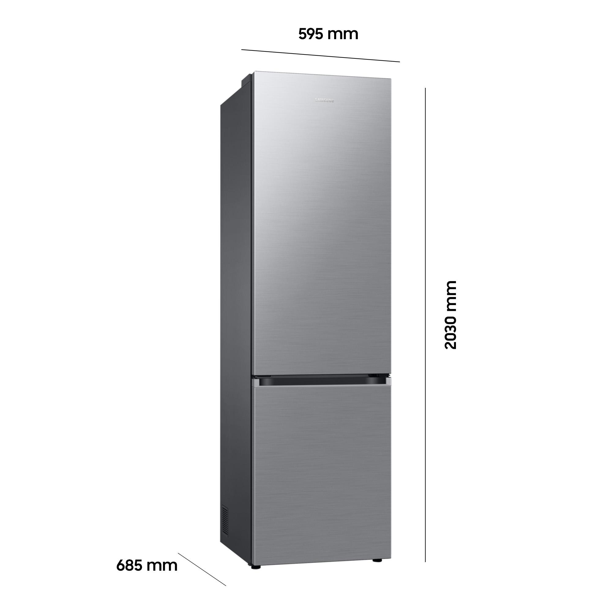 Ein silberner Samsung Kühlschrank mit Gefrierfach. Maße: 595 x 2030 x 685 mm.