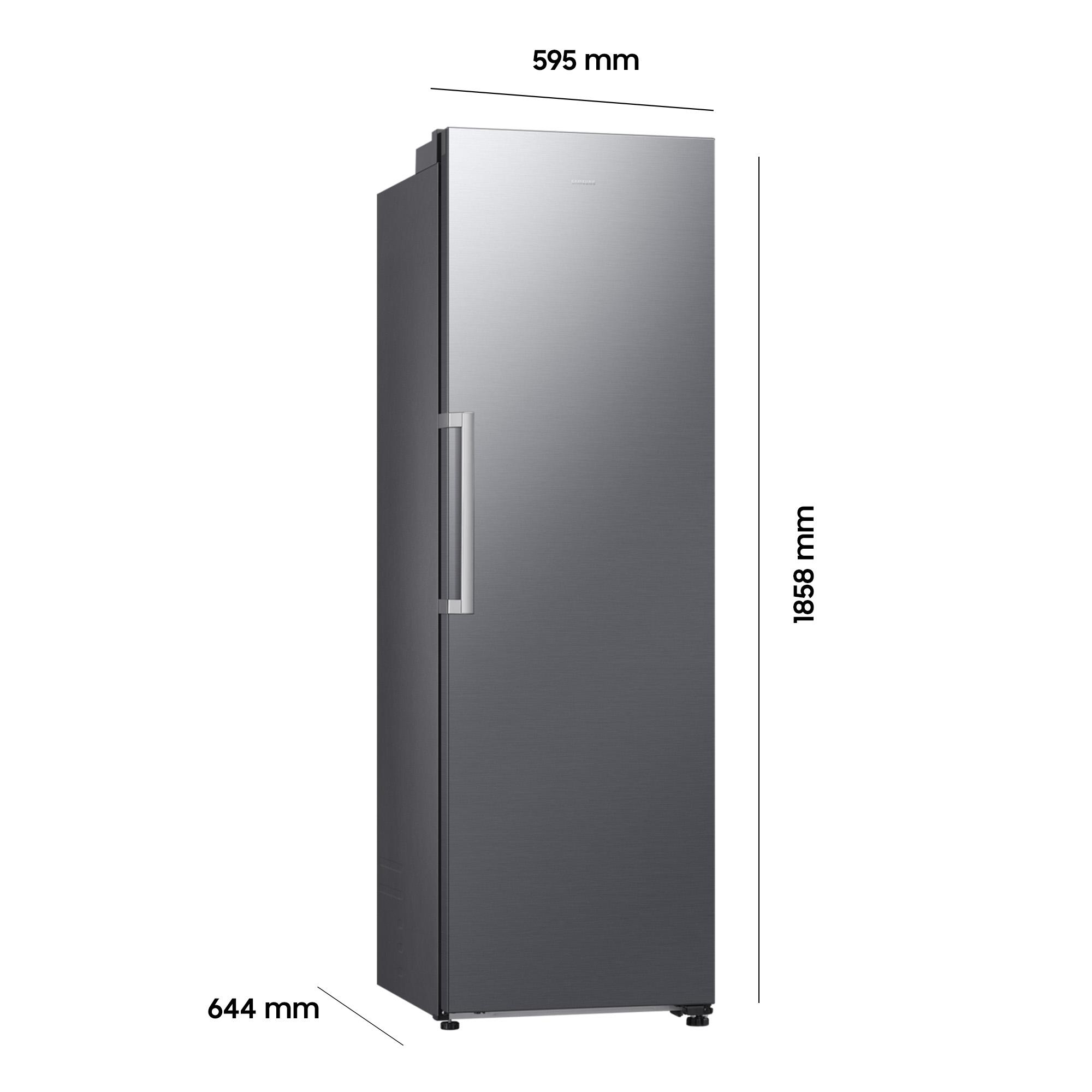 Ein hoher, schlanker, grauer Kühlschrank mit silbernem Griff und Maßangaben.