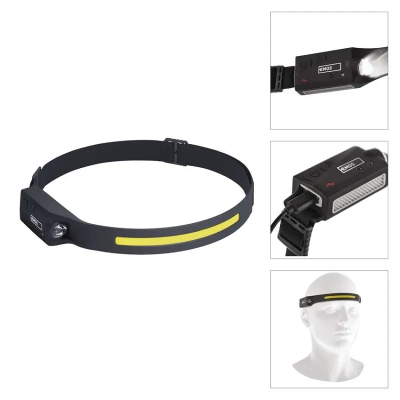 Fekete fejpánt sárga fénnyel és lámpával, USB-s töltéssel.