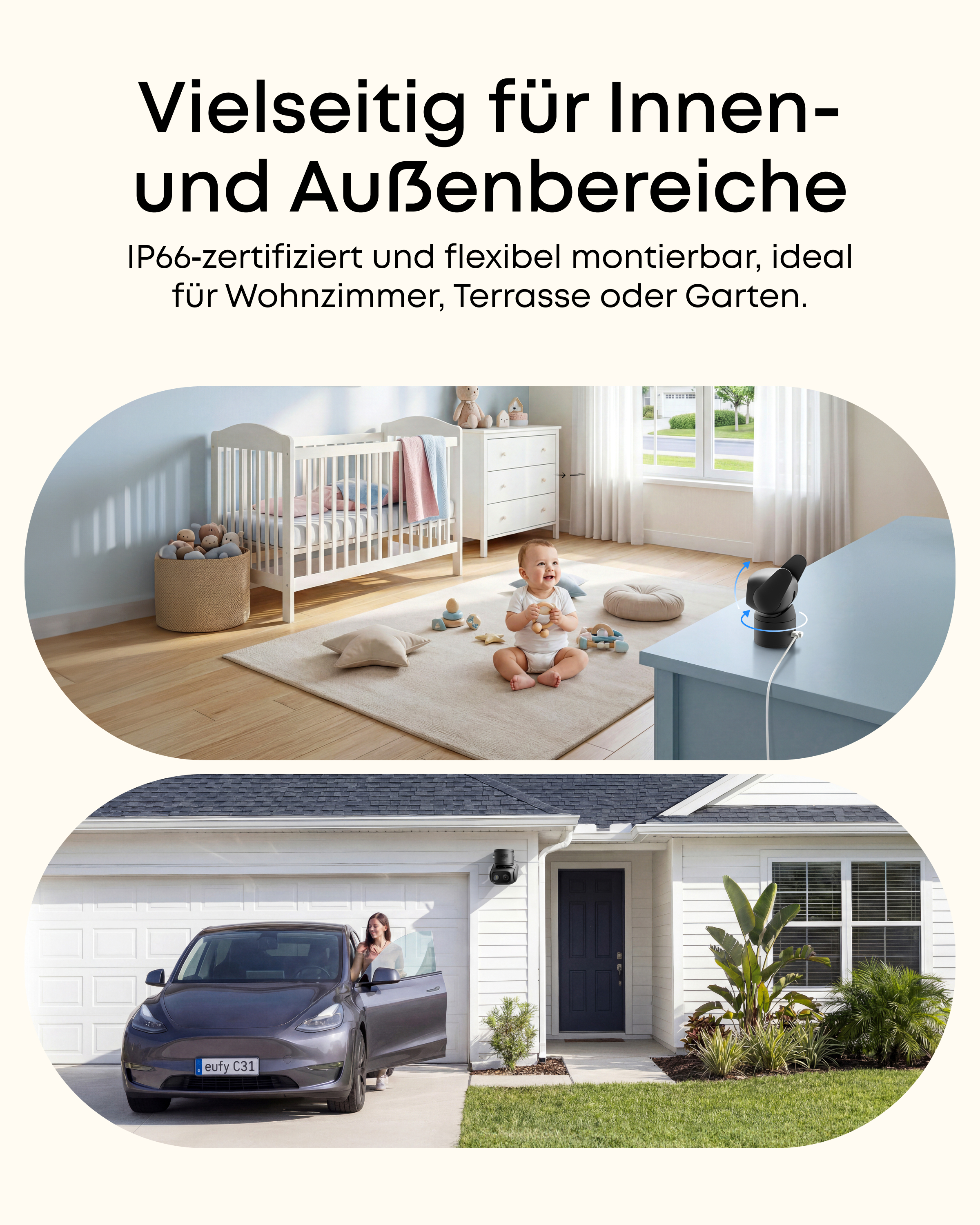 Baby im Zimmer, Auto vor Haus. Für Innen und Außen geeignet.