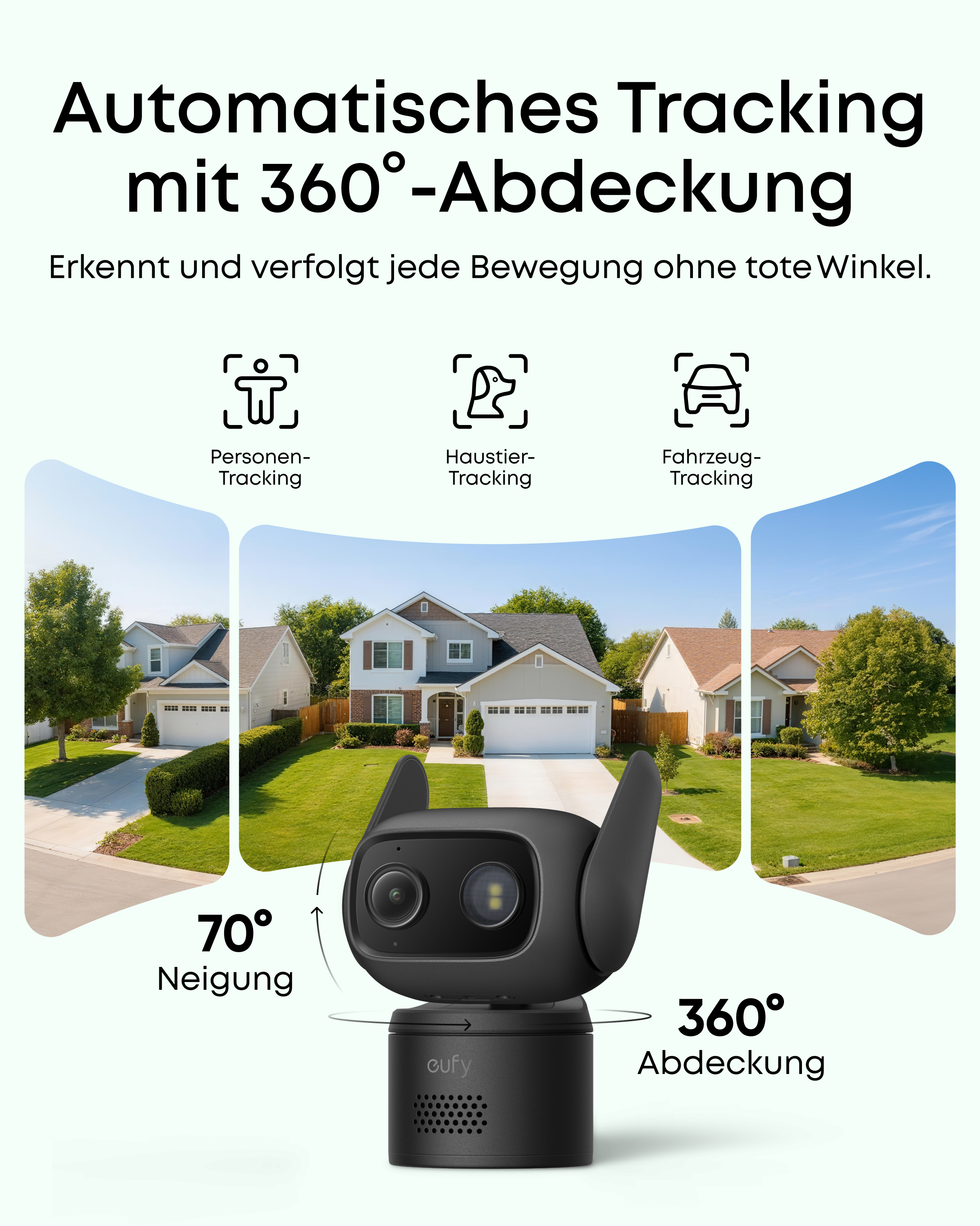 Schwarze Überwachungskamera mit 70° Neigung und 360° Abdeckung vor Vorstadthäusern.