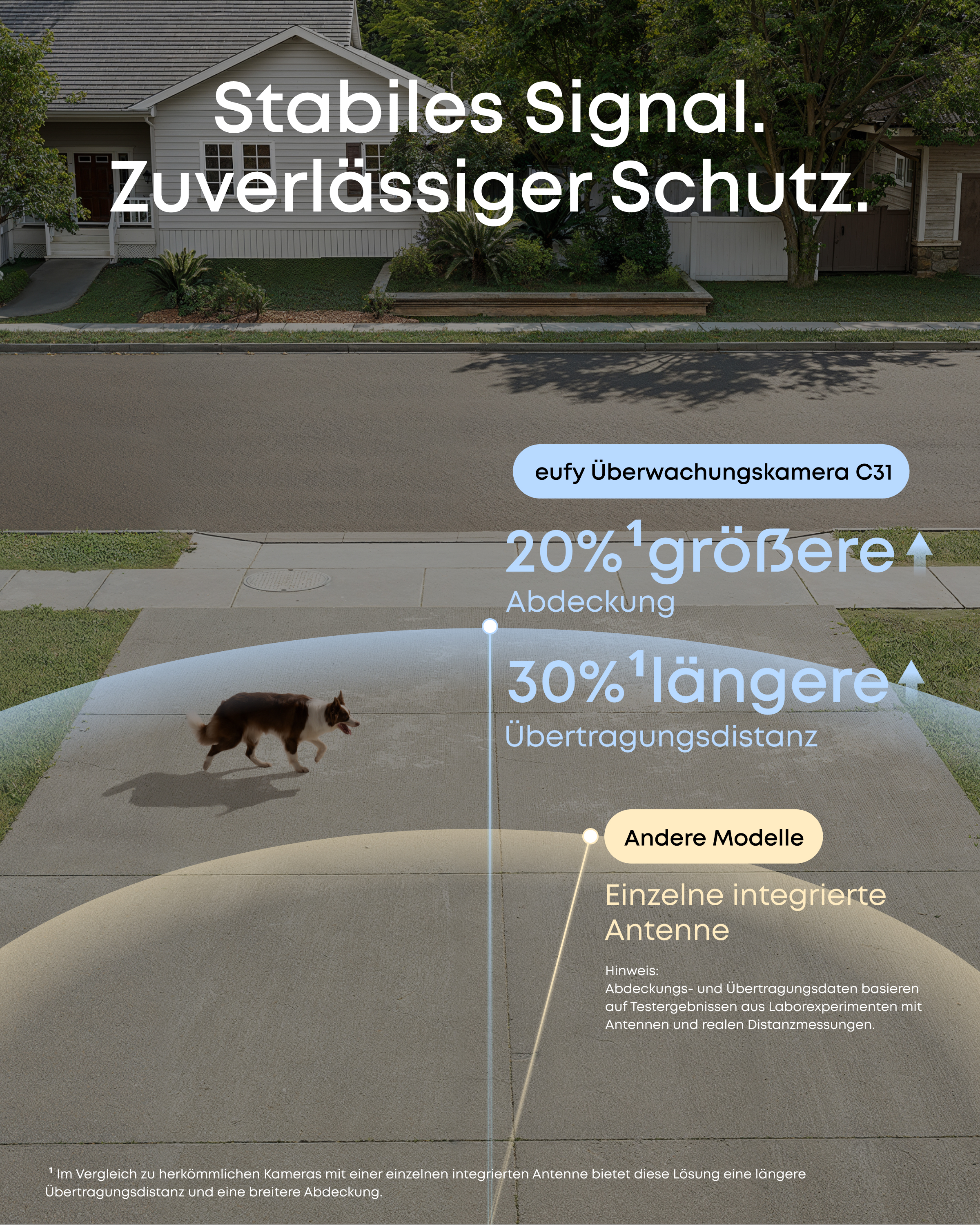 Ein Hund läuft auf einem Gehweg vor einem Haus. Text hebt Kamerafunktionen hervor.