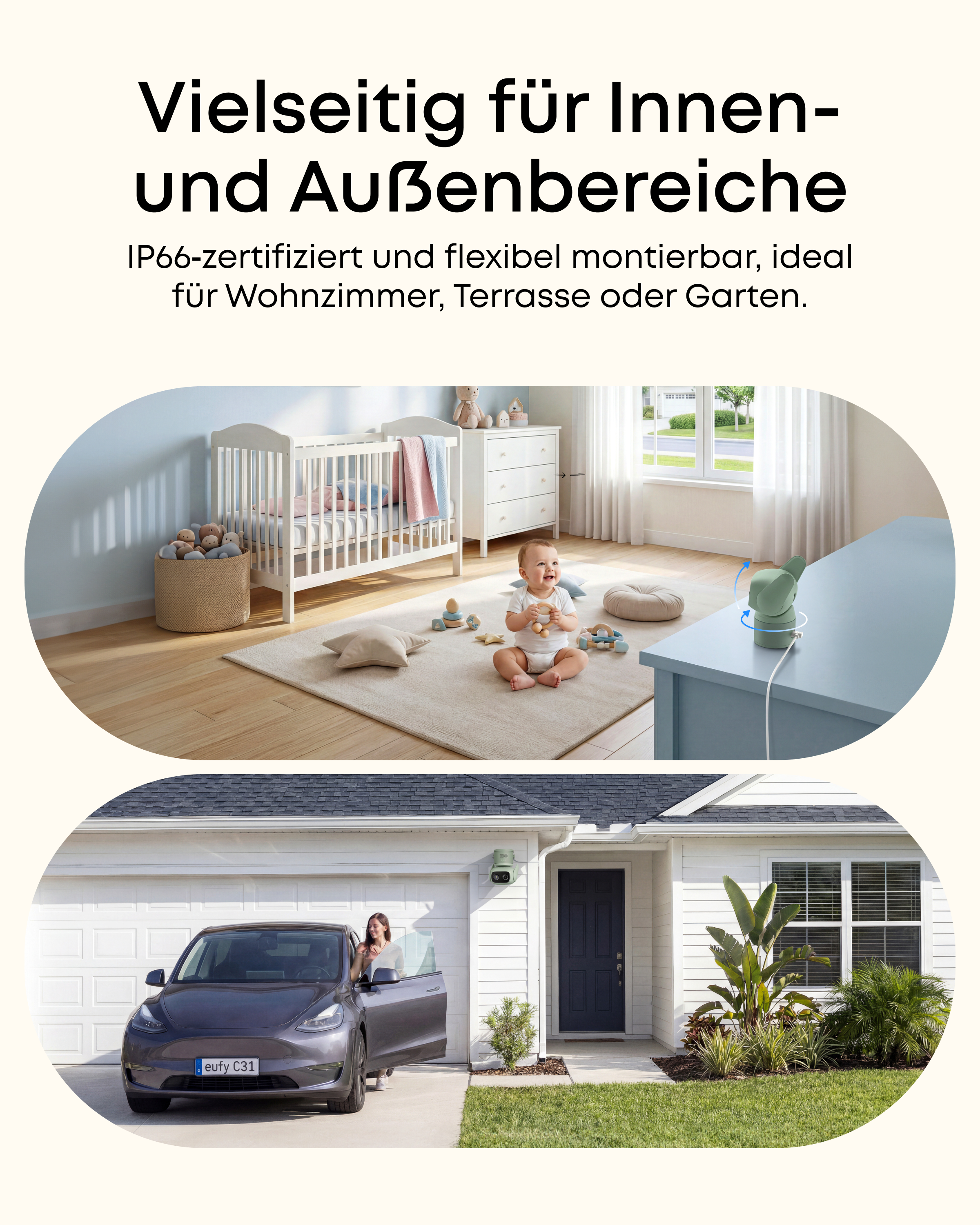 Baby im Wohnzimmer und Auto vor dem Haus.