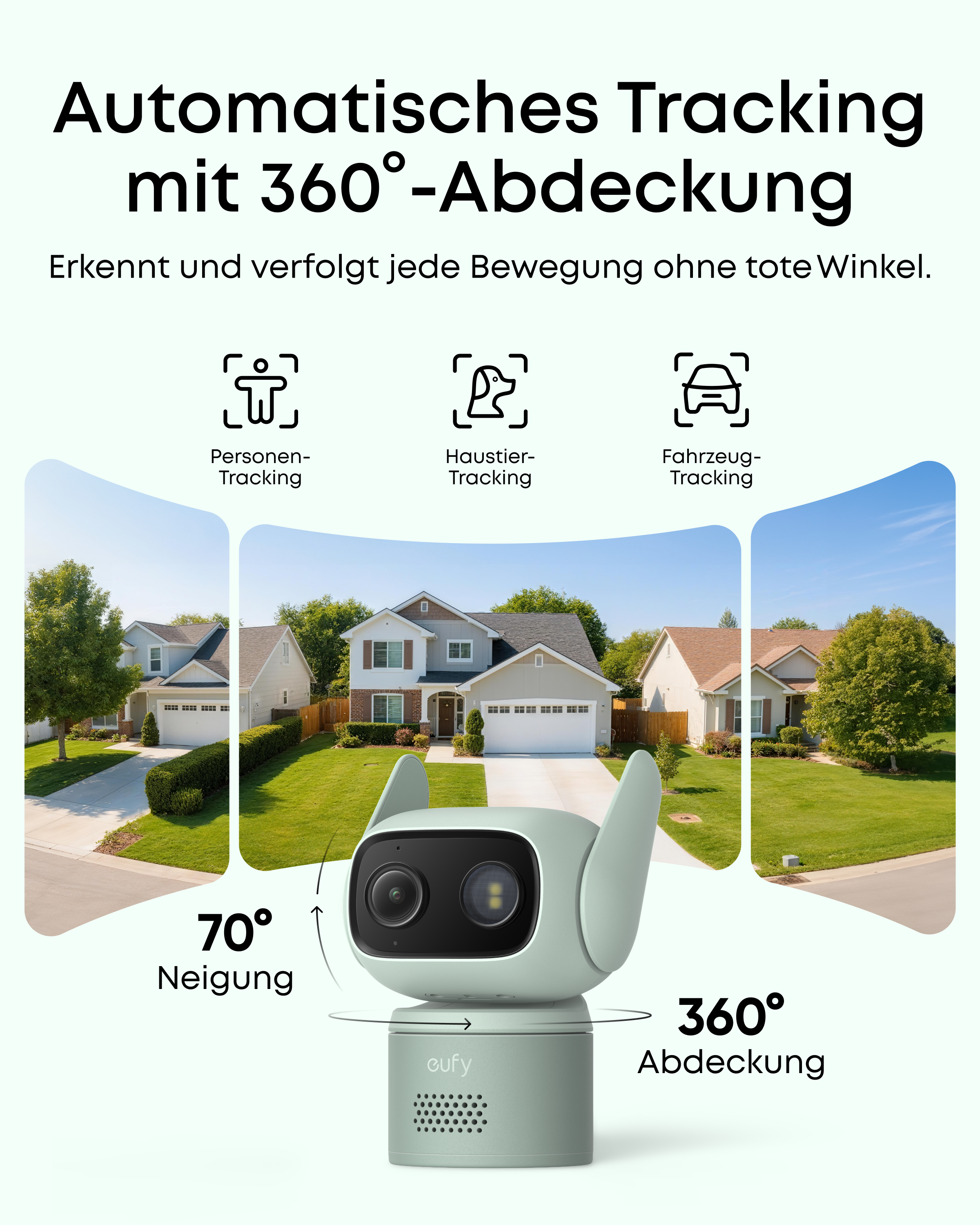 Eine hellgrüne Überwachungskamera mit zwei Linsen und Ohren.